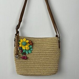 Brighton Leather Flower Appliqué Straw Crossbody Bag